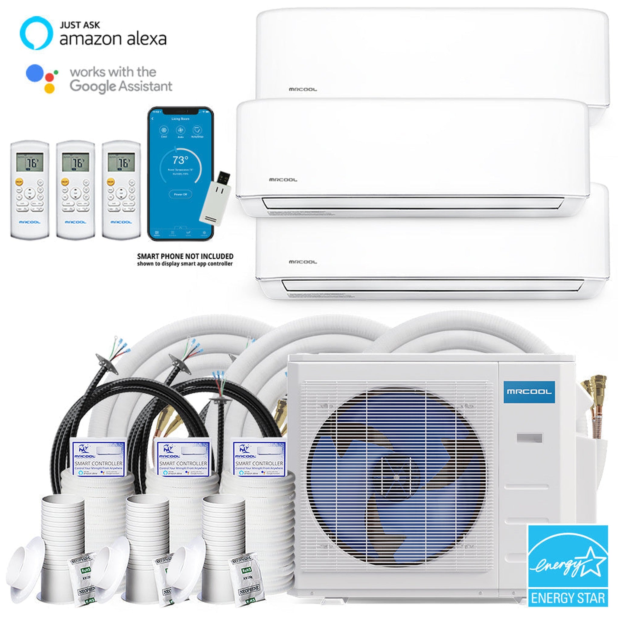 MRCOOL DIY 4th Gen 36K BTU 3-Zone Condenser with 9K+12K+12K handlers 2 x 16ft and 1 x 50ft linesets Bundle