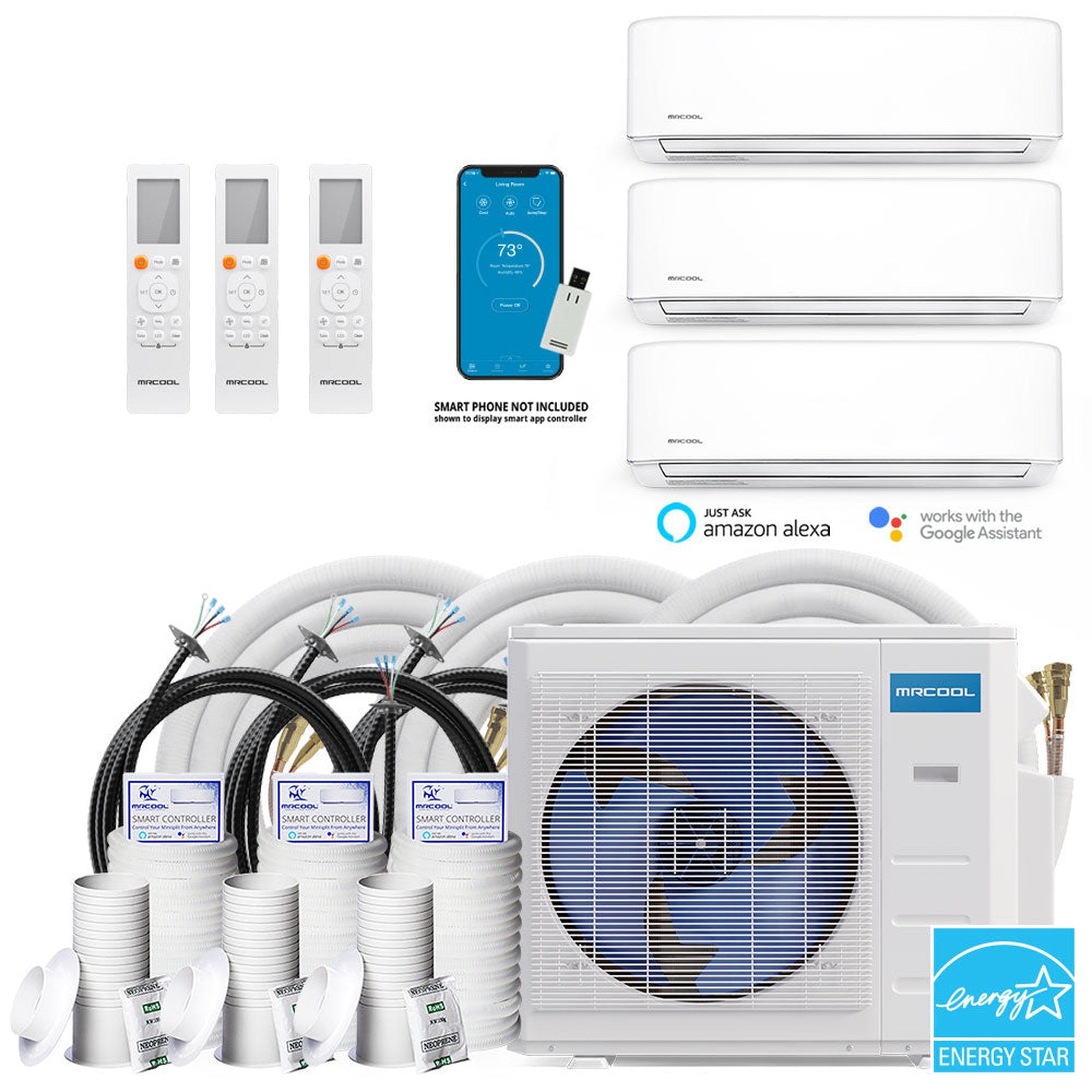 MRCOOL DIY 4th Gen 27K BTU 3-Zone Condenser with 9K+12K+12K handlers, and 2 x 25ft, 1 x 35ft linesets Bundle