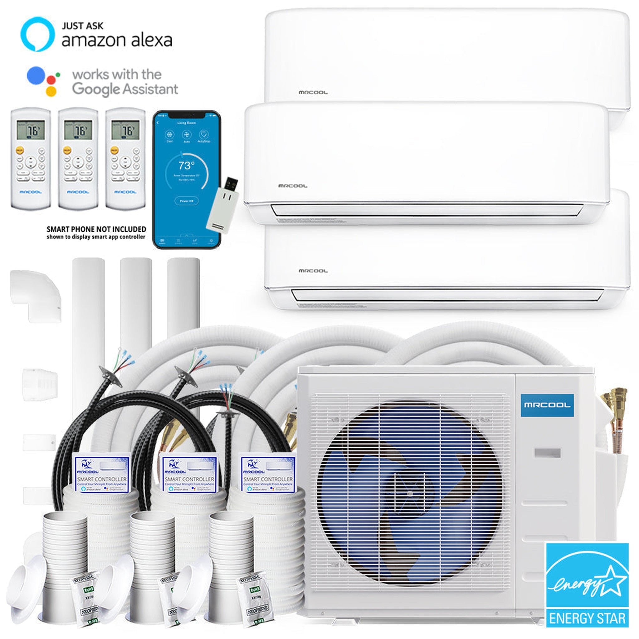 MRCOOL DIY 4th Gen 36K BTU 3-Zone Condenser with 9K+12K+18K handlers and 1 x 16ft, 1 x 25ft, and 1 x 50ft linesets and DIYCOUPLER-1412K75C Bundle