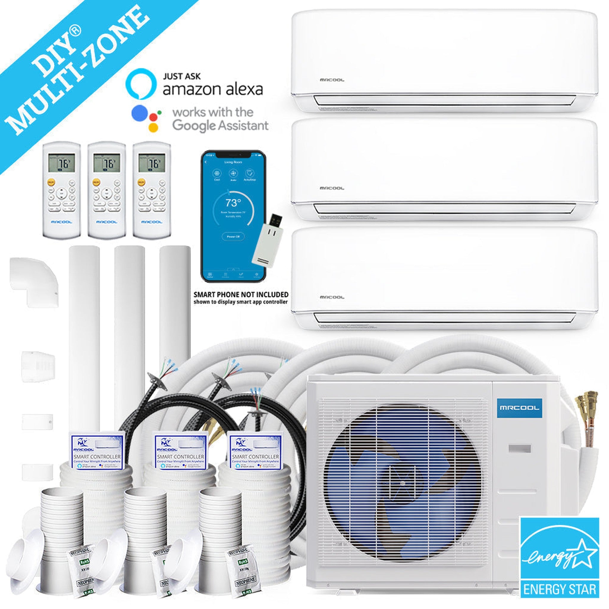 MRCOOL DIY 4th Gen 36K BTU 3-Zone Condenser with 9K+9K+12K handlers and 3 x 25ft linesets Bundle