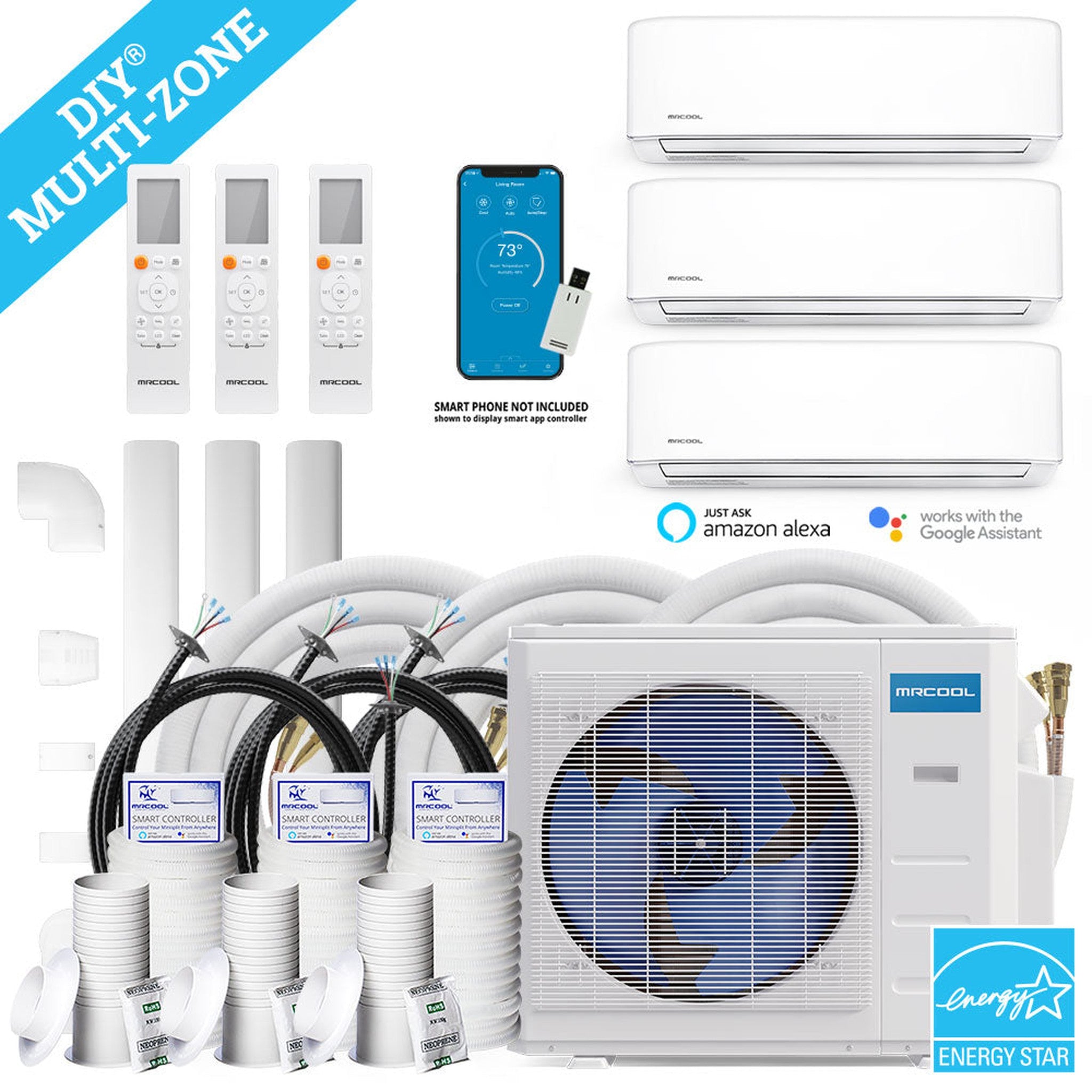 MRCOOL DIY 4th Gen 27K BTU 3-Zone Condenser with 9K+12K+12K handlers, and 2 x 25ft, 1 x 35ft linesets Bundle