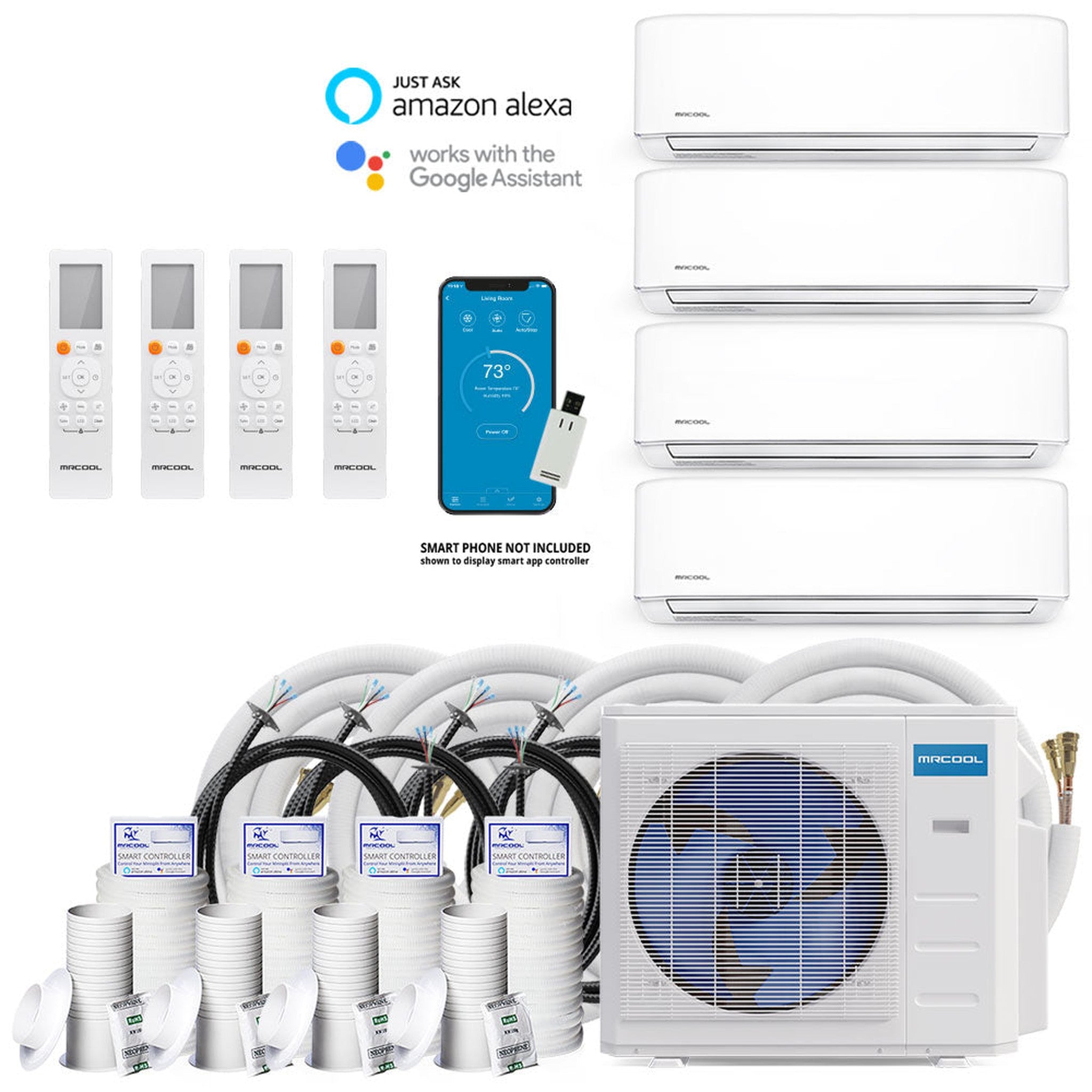 MRCOOL DIY 4th Gen 48K BTU 4-Zone Condenser with 9K+12K+12K+12K handlers and  2 x 16ft, 2 x 25ft, and 1 x 50ft linesets and DIYCOUPLER-1412K75C Bundle