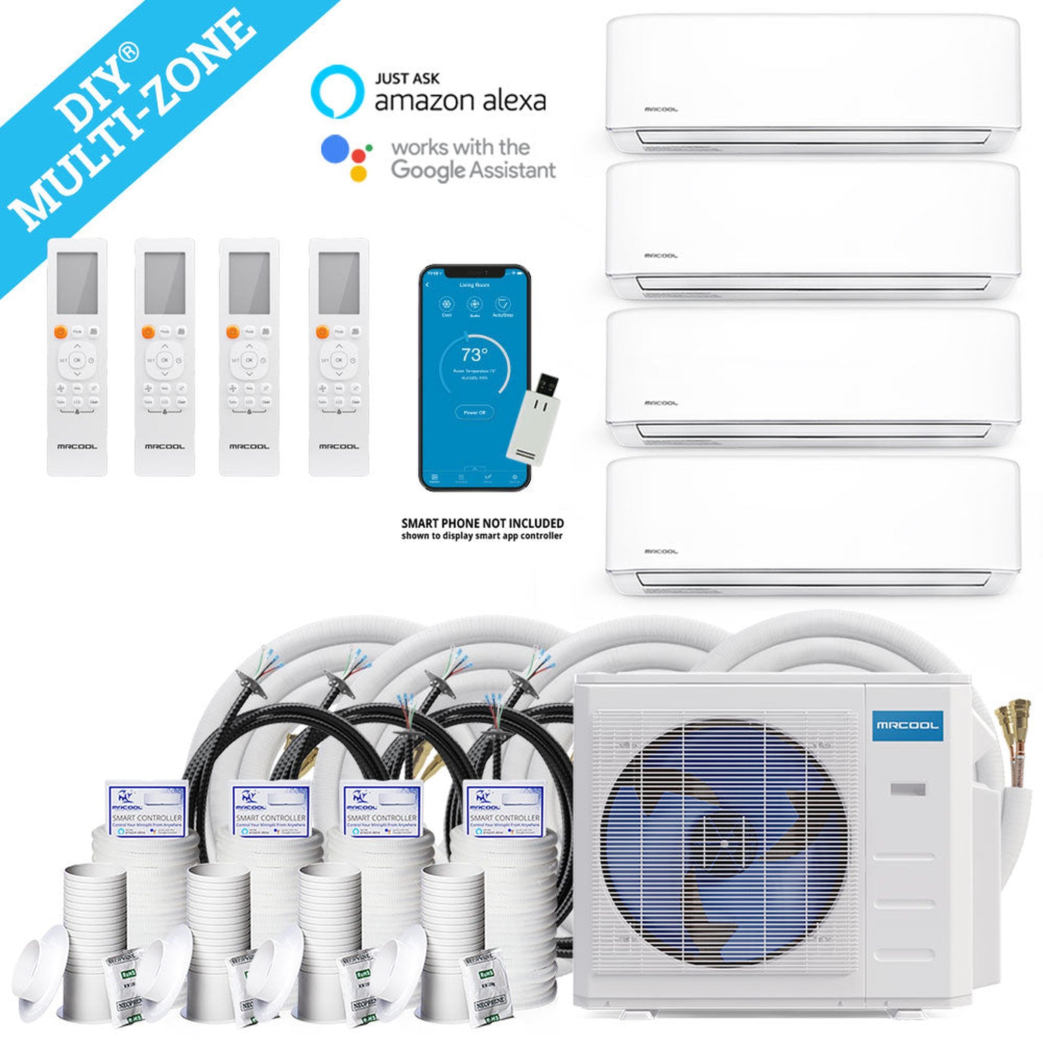 MRCOOL DIY 4th Gen 48K BTU 4-Zone Condenser with 9K+12K+12K+12K handlers and  2 x 16ft, 2 x 25ft, and 1 x 50ft linesets and DIYCOUPLER-1412K75C Bundle